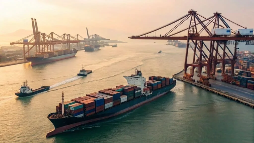 A large cargo ship with containers at a busy port