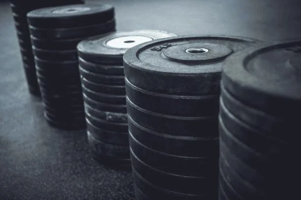Different types of bumper plates—black, color-coded, and urethane—lined up