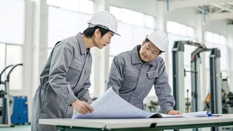 Two engineers discussing blueprints in a factory setting
