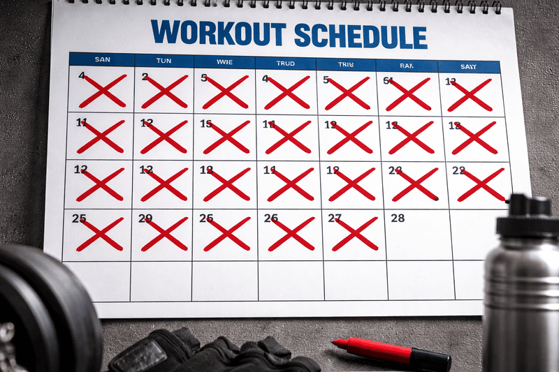 Timeline for Weightlifting Results A calendar with workout days marked off, showing consistent effort over time