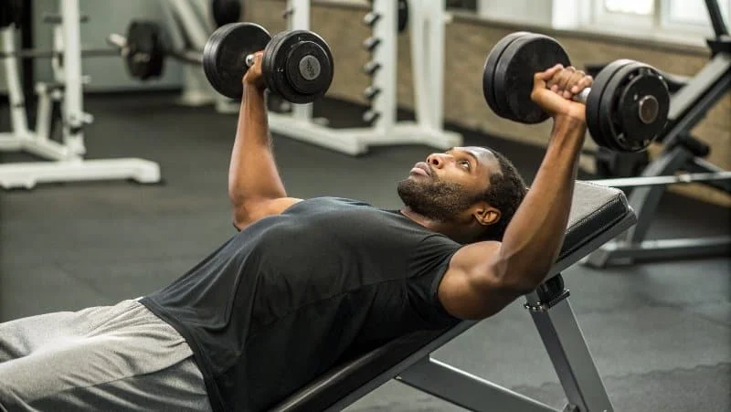 a person performing a barbell bench press in a gym