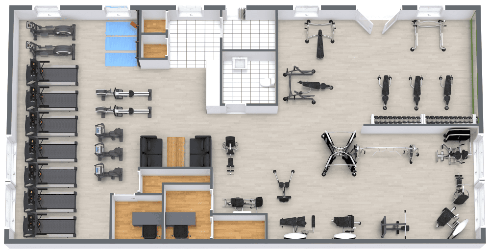 A well-designed and spacious modern gym layout with distinct zones