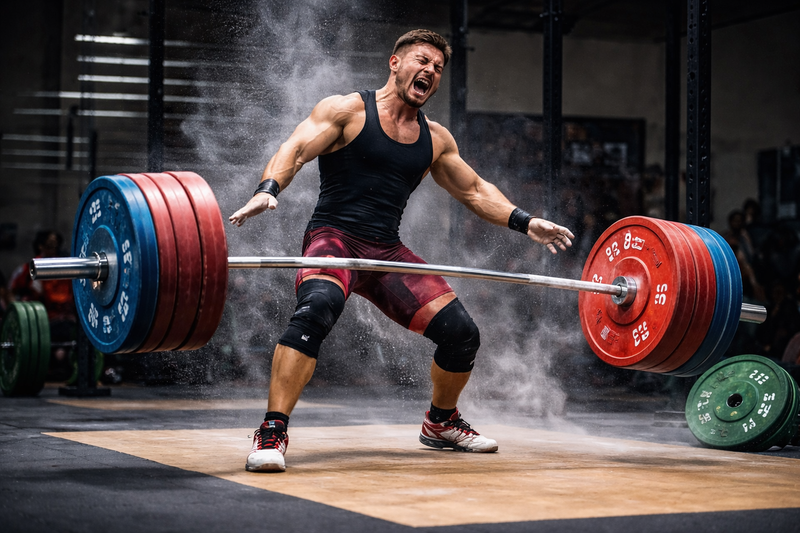 Athlete failing a lift in Olympic weightlifting