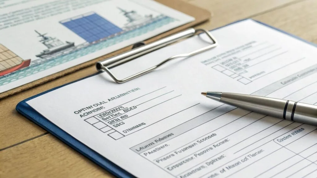 Close-up of official shipping documents like a Bill of Lading