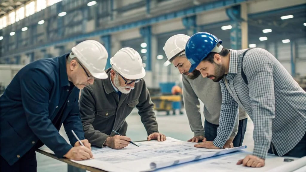 Engineers reviewing product schematics in a factory setting