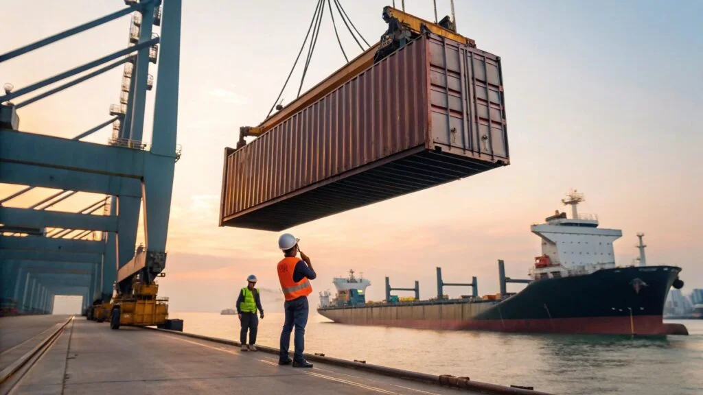 Aerial view of a busy shipping container terminal