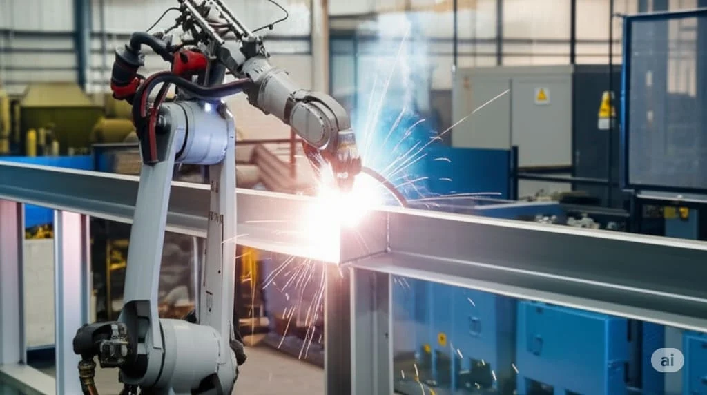 Robotic welding arm working on a steel frame in a factory