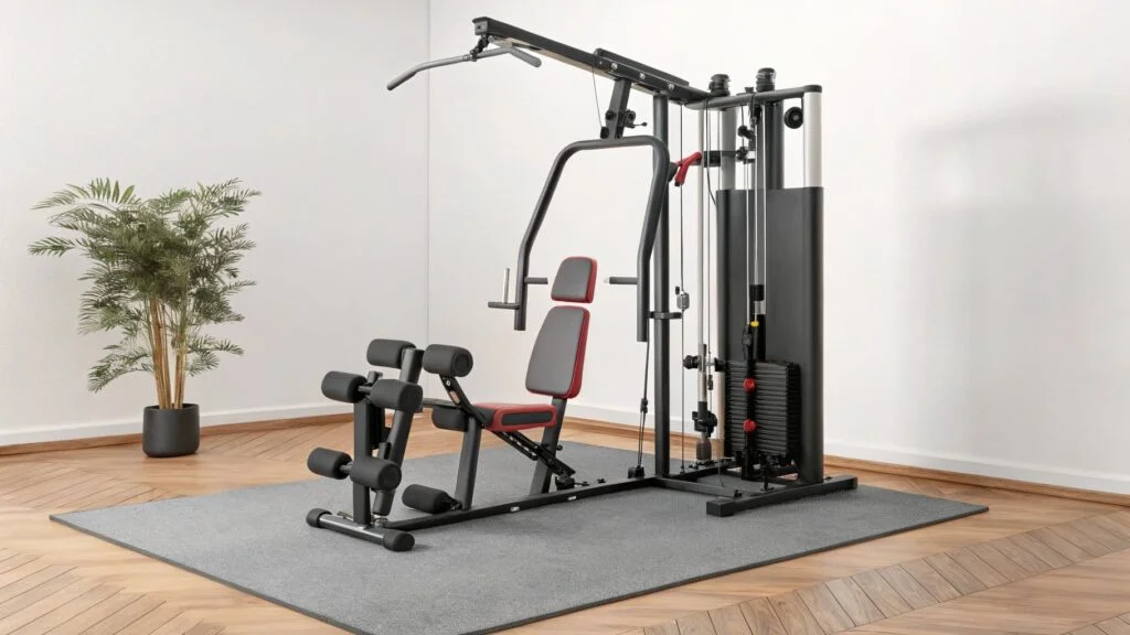 A complex multi-station gym machine in a modern gym setting