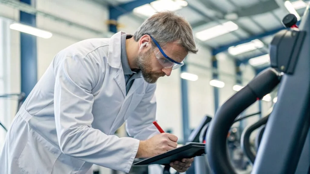 Engineer performing a stress test on gym equipment
