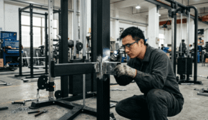 A person inspecting the weld on a piece of commercial gym equipment